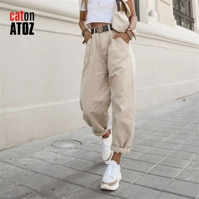catonATOZ 2248 Khaki Female Cargo Pants High Waist Harem Loose Jeans Trousers Woman Casual Streetwear Mom 220310