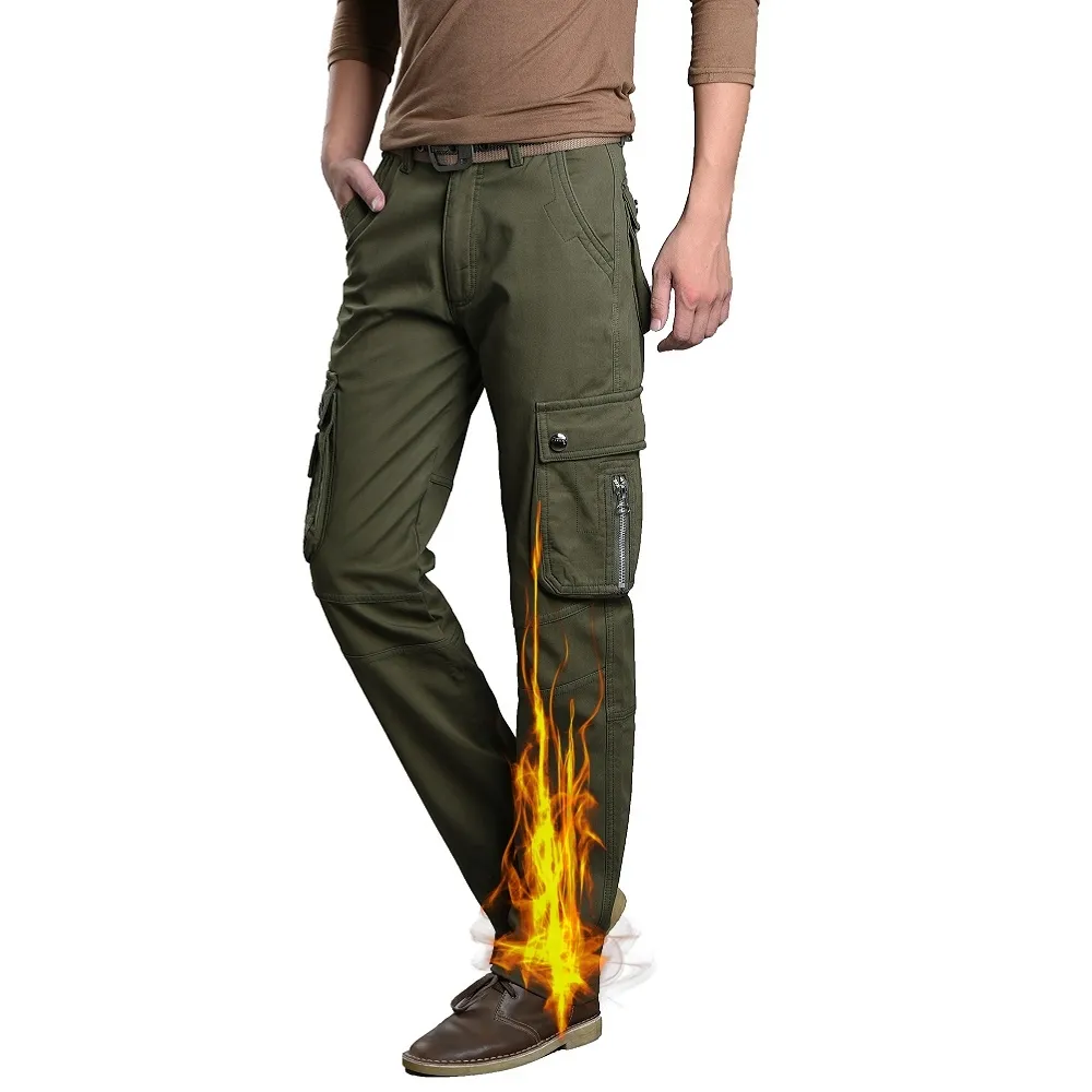 Calças de carga Muitos bolso de inverno quente homens calças cashmere calça longo apto lã térmica casual masculino estilo militar calças 210518
