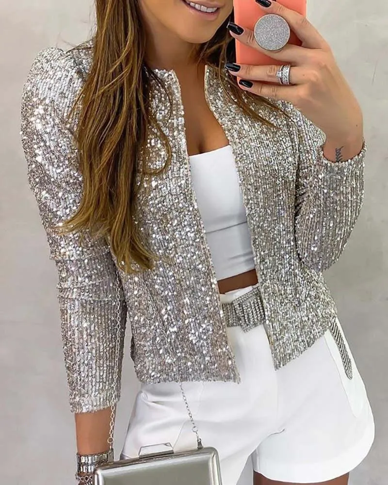 cinda01 Women s Jackets Long Sleeve Open Front Sequin Coat Women Casual Female Jacket Pearls Buttons O Neck Out Wear Ladies