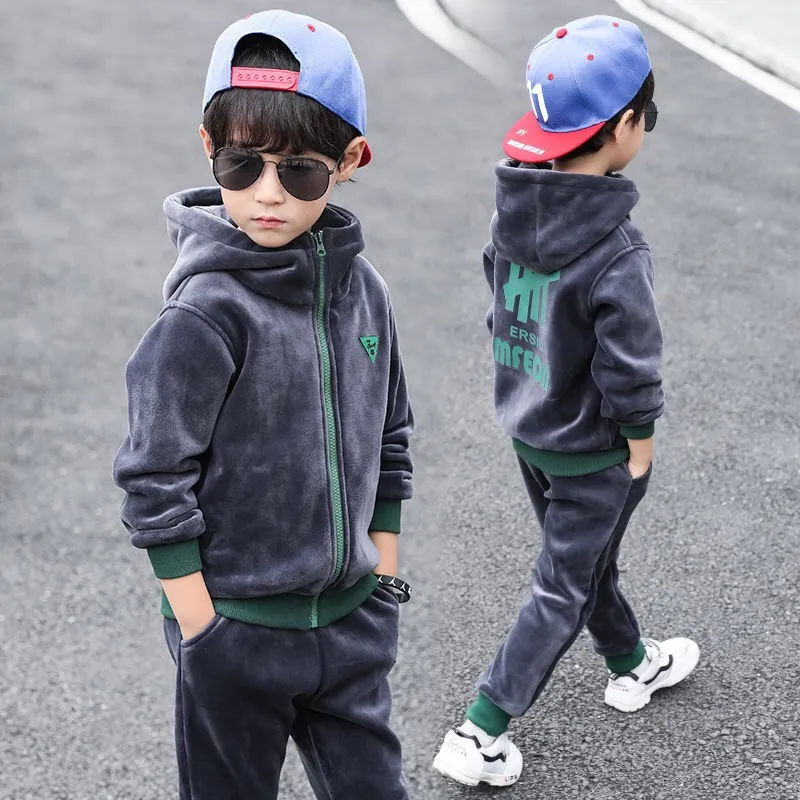 Kids Thick Velvet Sports Suit Set In With Hoodie And Pants