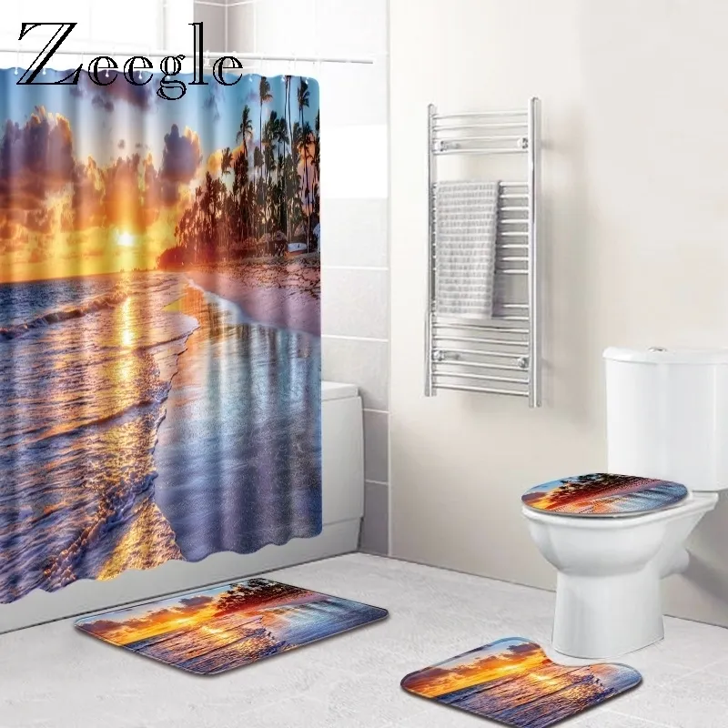 Zeegle 3D Printed Beach Shower Cunrtain with Bath Mat Set Pedestal Rug Toilet Seat Cover Toilet U Type Mat Non-slip Shower Rug