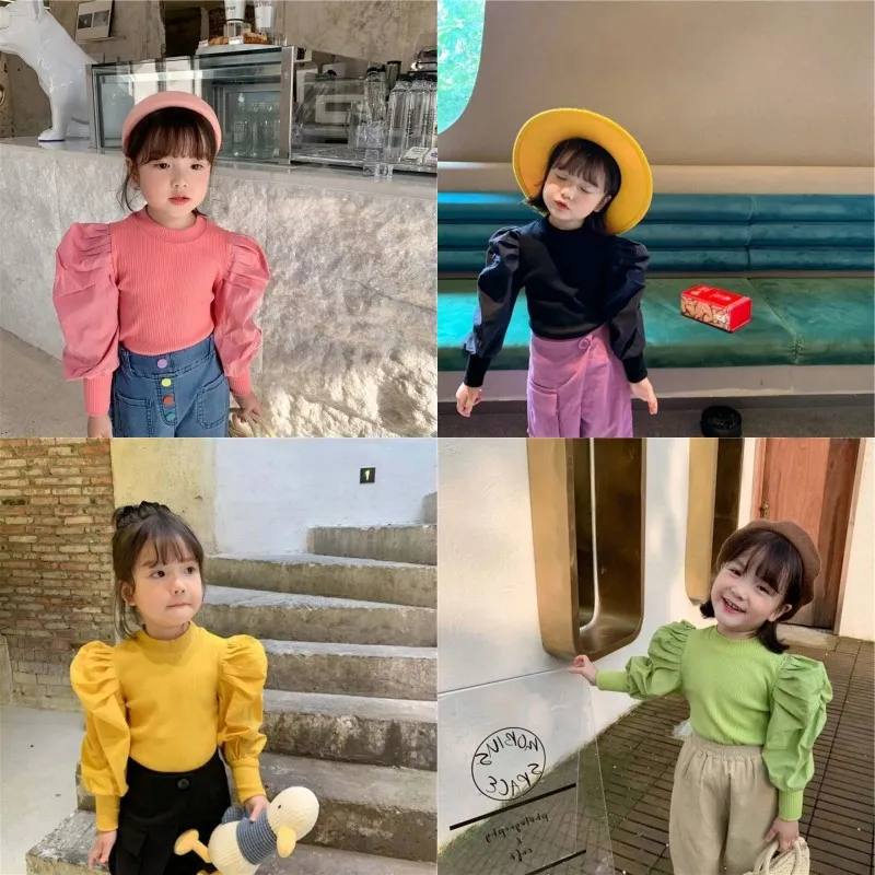Newest INS Little girls ribbed t-shirt autumn blank puff sleeve cotton fashion bountique clothes winter fall girls top 1-7 years 543 K2
