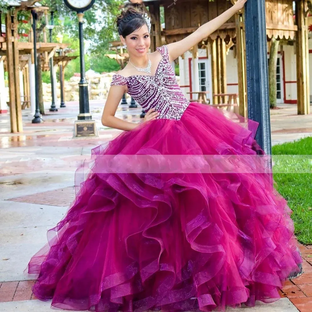 Gorgeous Ball Gown Quinceanera Dress 2022 Tulle Crystal Ruffles Sequined Falda Larga Purple Tier Sweet 15 Dress De 226 72 DHgate