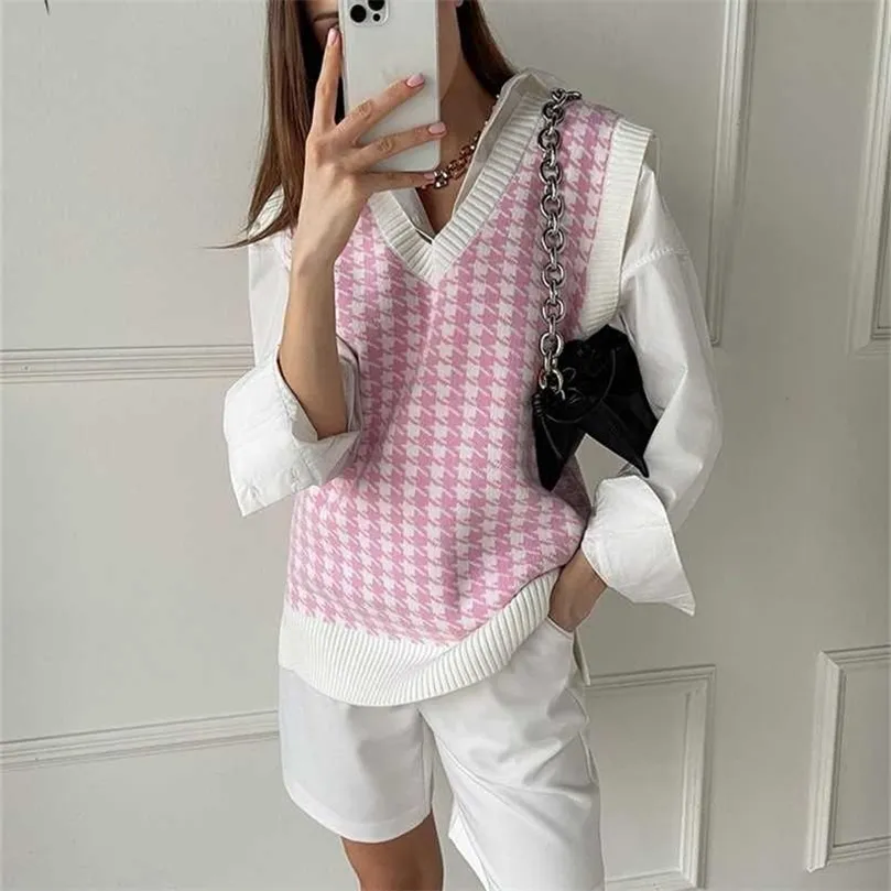 MEIYANGYOUNG Sweater Vest Women Autumn V Neck Sleeveless Vintage Houndstooth Knitted Ladies Sweaters Vest Female Waistcoat Tops 220125