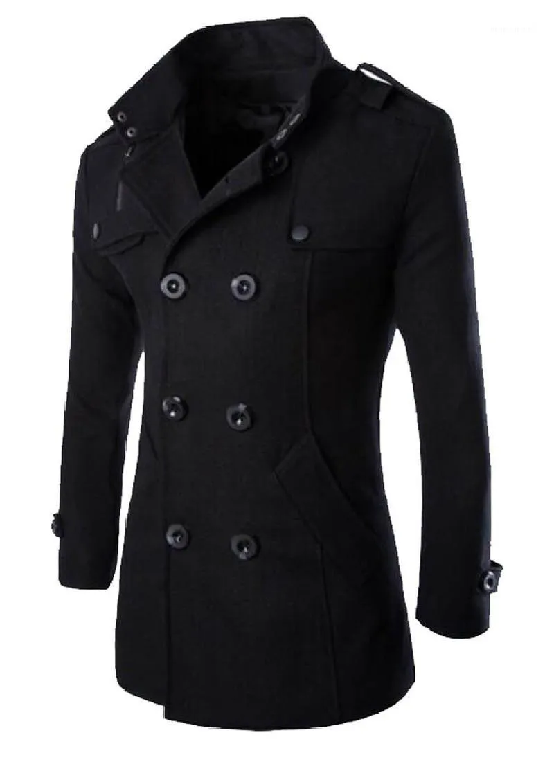 Mezclas de lana para hombres Venta al por mayor- MLG Mens Classic Double Breasted Mid Long Trench Pea Coat1