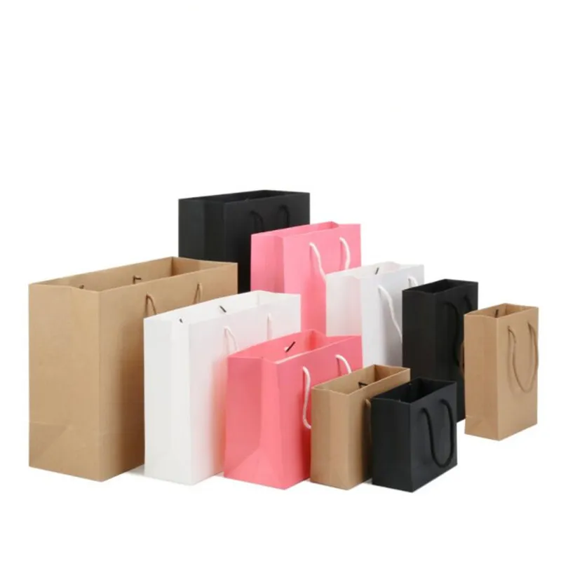 종이 선물 가방 핸들 블랙 브라운 핑크 화이트 색상 옷 보석 쇼핑 가방 선물 랩 재활용 파우치