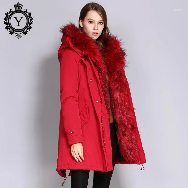 Women's Down & Parkas COUTUDI Women's Winter Jacket Faux Fur Collar Coats Female Warm Thick Solid Red Hooded Long Coat Cotton Padded Pa