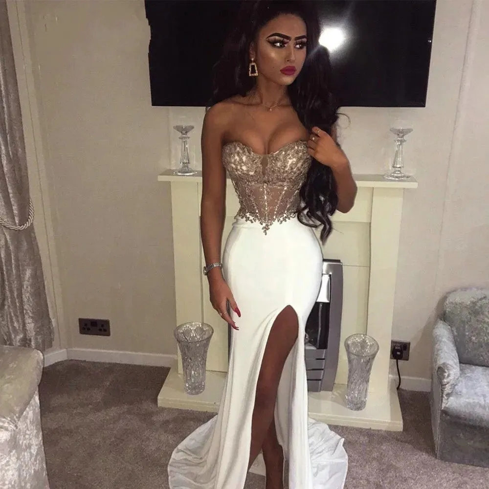 Sexy sirena vestidos de fiesta 2021 cari o sin respaldo aplique de encaje hueso blanco largo elegante elegante formal noche fiesta vestido gala rabe