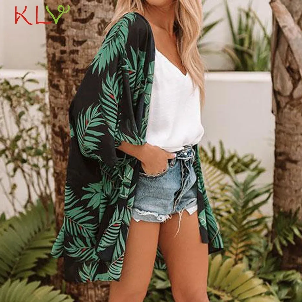 Kimono Cardigan Mulheres Longo Verão Chiffon Floral Impressão