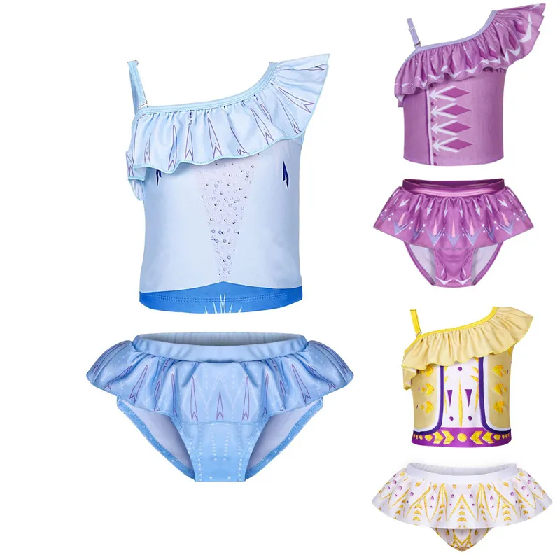 Dzieci Śnieg Królowa Stroje Kąpielowe 2 sztuk / Set Off Ramię Pływać Ubrania Dziewczyny Lato Bikini Kids Swimsuit Odzież Ustawia M1828