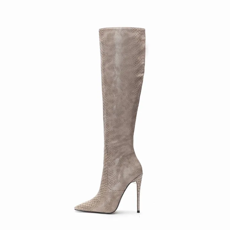 Hot Sale-Designer Skor 2019 Nya Mode Boots Snake Pattern Pekade Toes High Heels Knee Boots Vinter Zip Kvinnor Skor Lång Stövlar