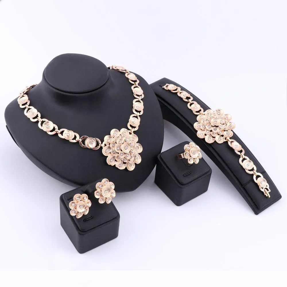 Elegant African Retro Dubai 18K Gold Silver Plated Crystal Necklace Earrings Ring Bracelet Jewelry Sets For Women Wedding Party