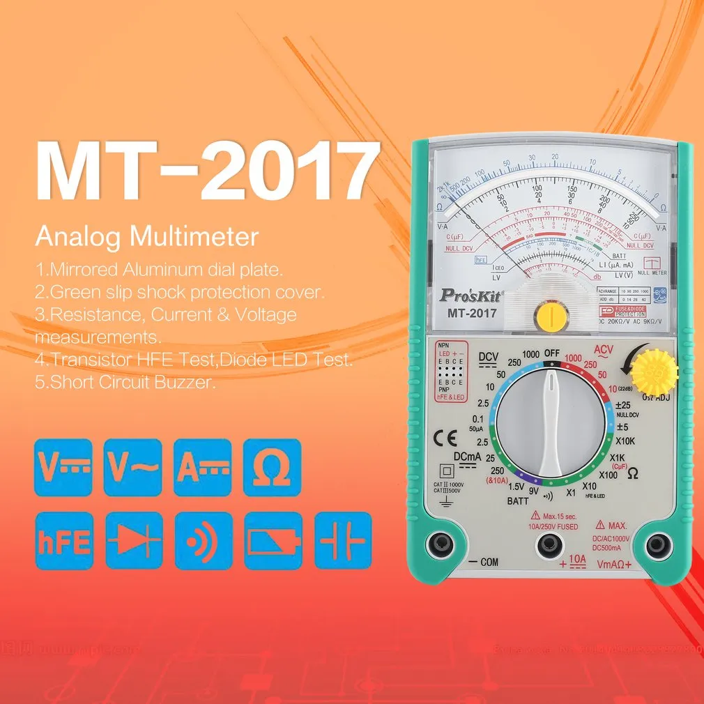 Proskit MT-2017 AC / DC Analog Grafik Pointer Multimetre Ampermetre Dayanıklı Kapasitans Diod Volt Amp Ohm HFE LED Metre