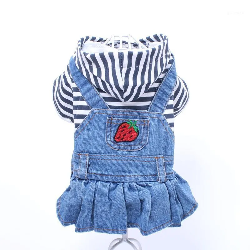 Pet Dog Jean Dress BlueBlack Rayas Denim Dog Cat Dress Ropa Diseño de fresa Ropa para mascotas 2 Color1