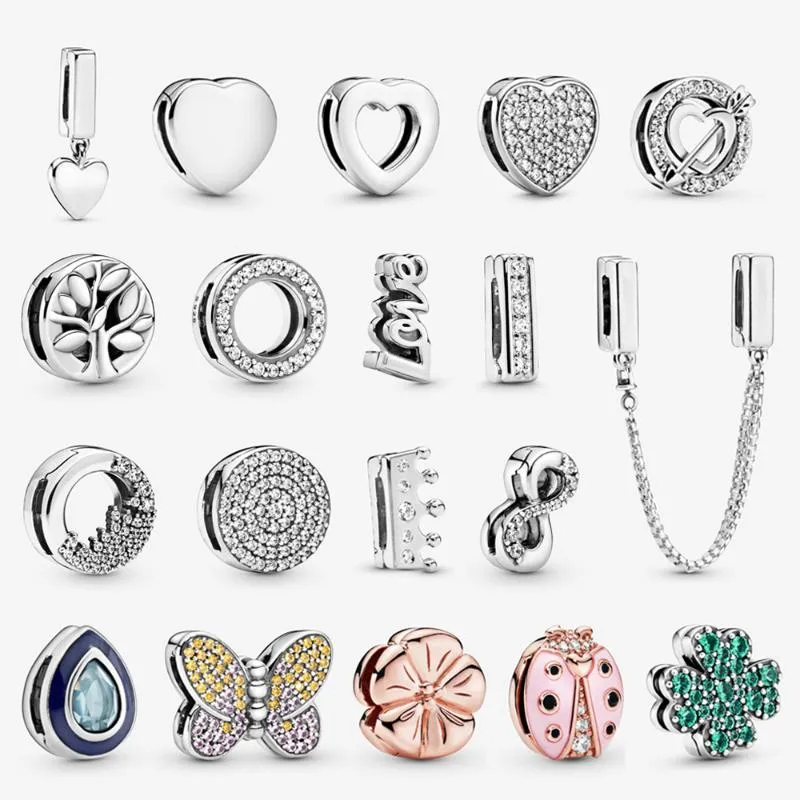 Otros abalorios de plata de ley 925 originales, Clip de reflejos, corazón, mariposa, mariquita, cuentas aptas para pulseras, joyería Diy para mujer