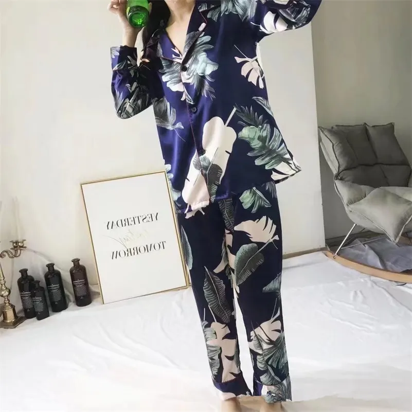 Zestaw piżamów dużych rozmiarów M-5xl Silk Satin Satin Pajamas Long Rleeve Sleepar Pijama piżama garnitur SLEAL SET SET SLEAT Floral Loungewear 201217