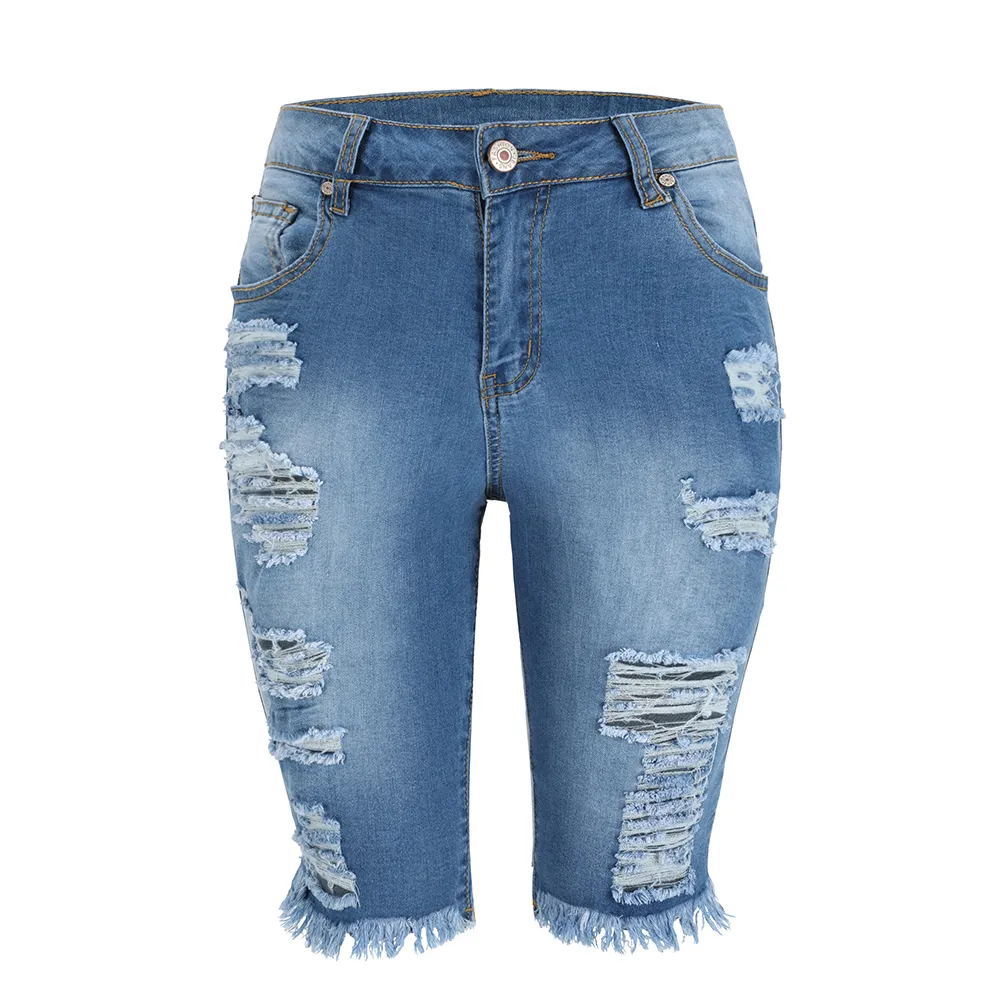 Sommer Bermuda Shorts Frauen Ripped Baumwolle Knie Länge Mid Rise Casual Denim Shorts Damen Blau Sexy Dünne Jean Shorts T200701