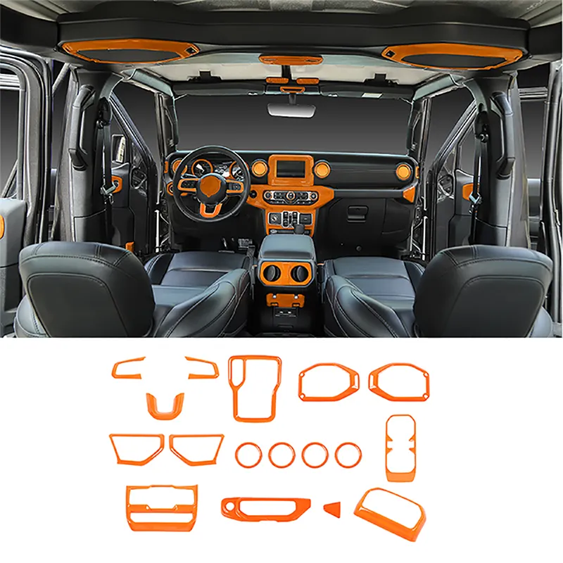 17 pezzi di accessori per rivestimento della decorazione interna del controllo centrale dell'auto per Jeep Wrangler JL JT 18+ arancione