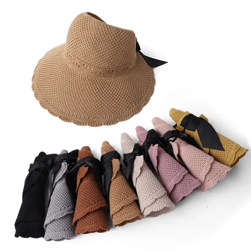 Summer Empty Top Bow Sun Knit Hat Women Adjustable UV Protection Caps Cutout Beach Hats Women Visors