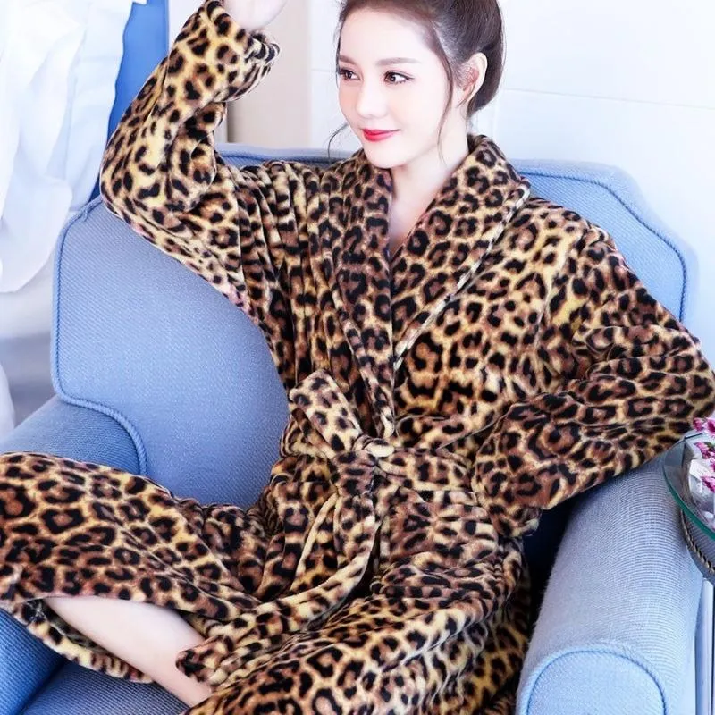 Fashion Leopard Thick Warm Bathrobe for Women 10 Colors Soft Long Bath Robes Female Dressing Gown Girl Large Big Size Robes