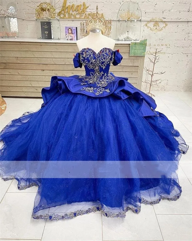 Royal Blue Quinceanera Vestidos do ombro Tulle Lace Aplique personalizado comprimento do piso Docimento de concurso vestido de bola Princesa Desgaste formal