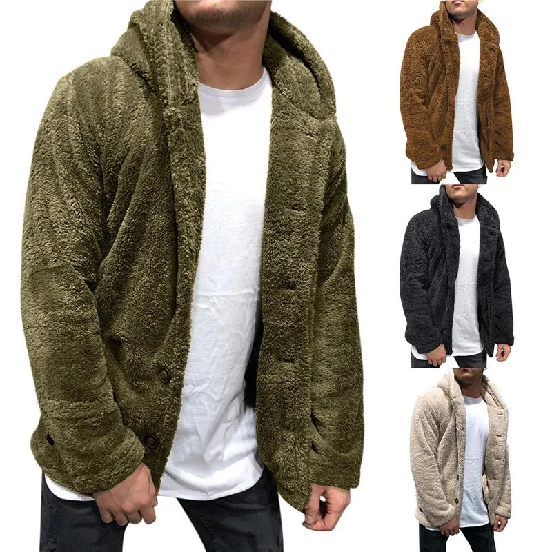 Mens Buttons Coat Warm Faux Fur Winter Casual Loose Double-Sided Plush Hoodie Fluffy Fleece Fur Jacket Hoodies Coat Outerwear