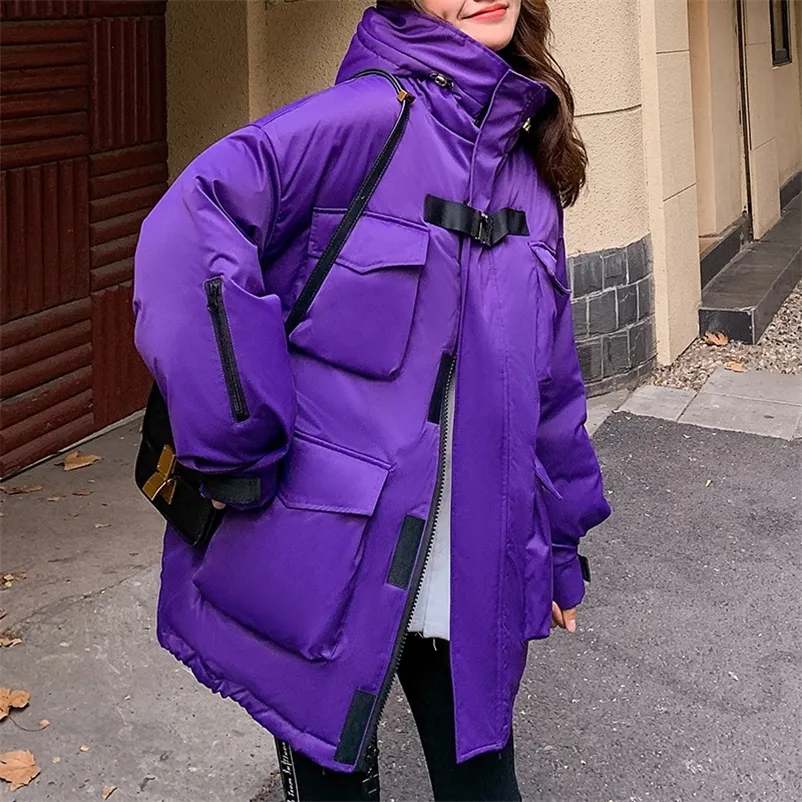 Foryunshes ny vinter safari stil lila kvinna parkas hooded tjockna kappa mode varma kläder casual jacka outwear ny 201214
