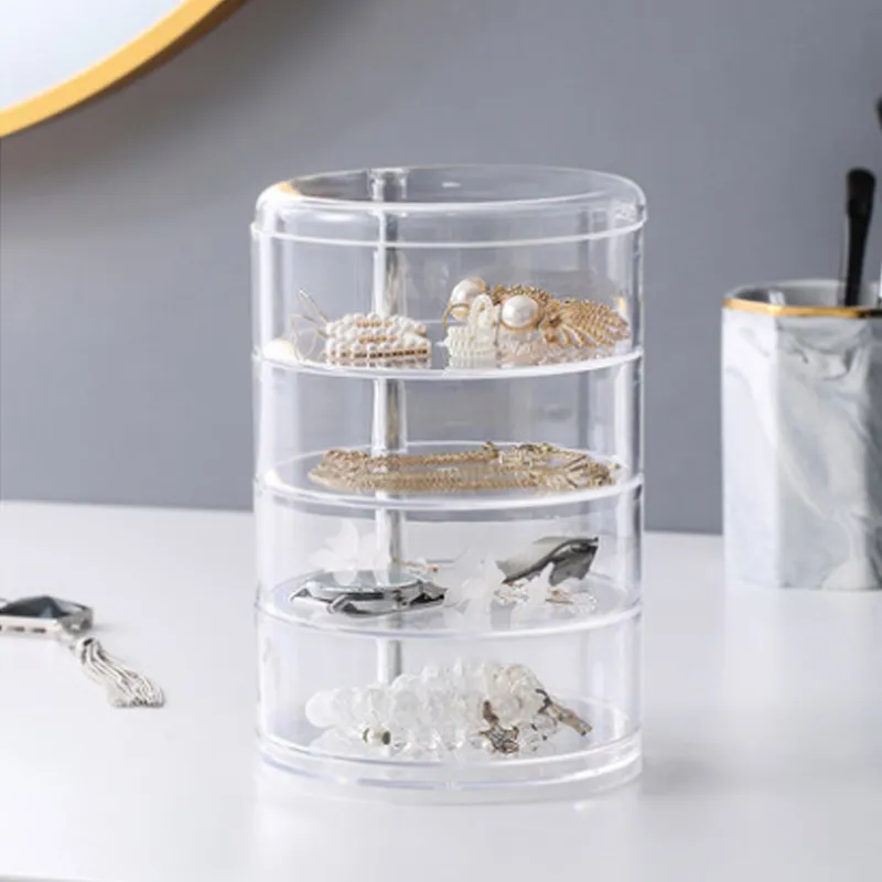 Boîte de rangement de bijoux transparente à 4 niveaux avec couvercle organisateur de maquillage acrylique étui de rangement de bijoux rotatif de haute qualité Y11162915