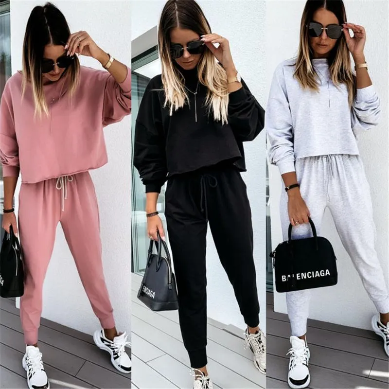 Women's Tracksuits 2021 Female Stylish Women Casual 2-piece Outfit Set Long Sleeve Solid Color Top And Pants For Ladies