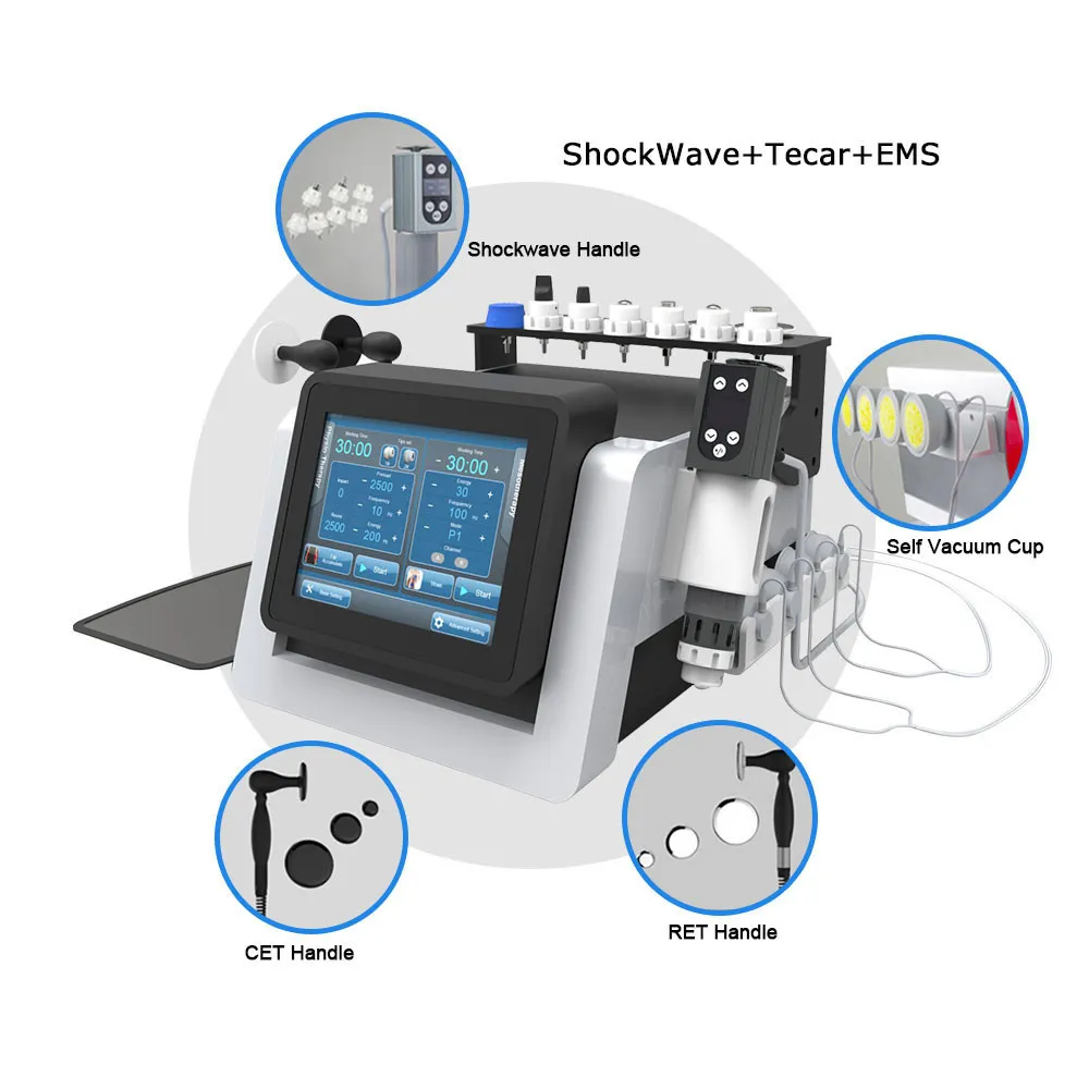 Shockwave Therapy Full Body Massager Ems Foot Pad för val på försäljning 3 i 1 Shock Wave CET Ret Back Knee Pain Relief EMS RF Tecar PhysioTherapy Machine