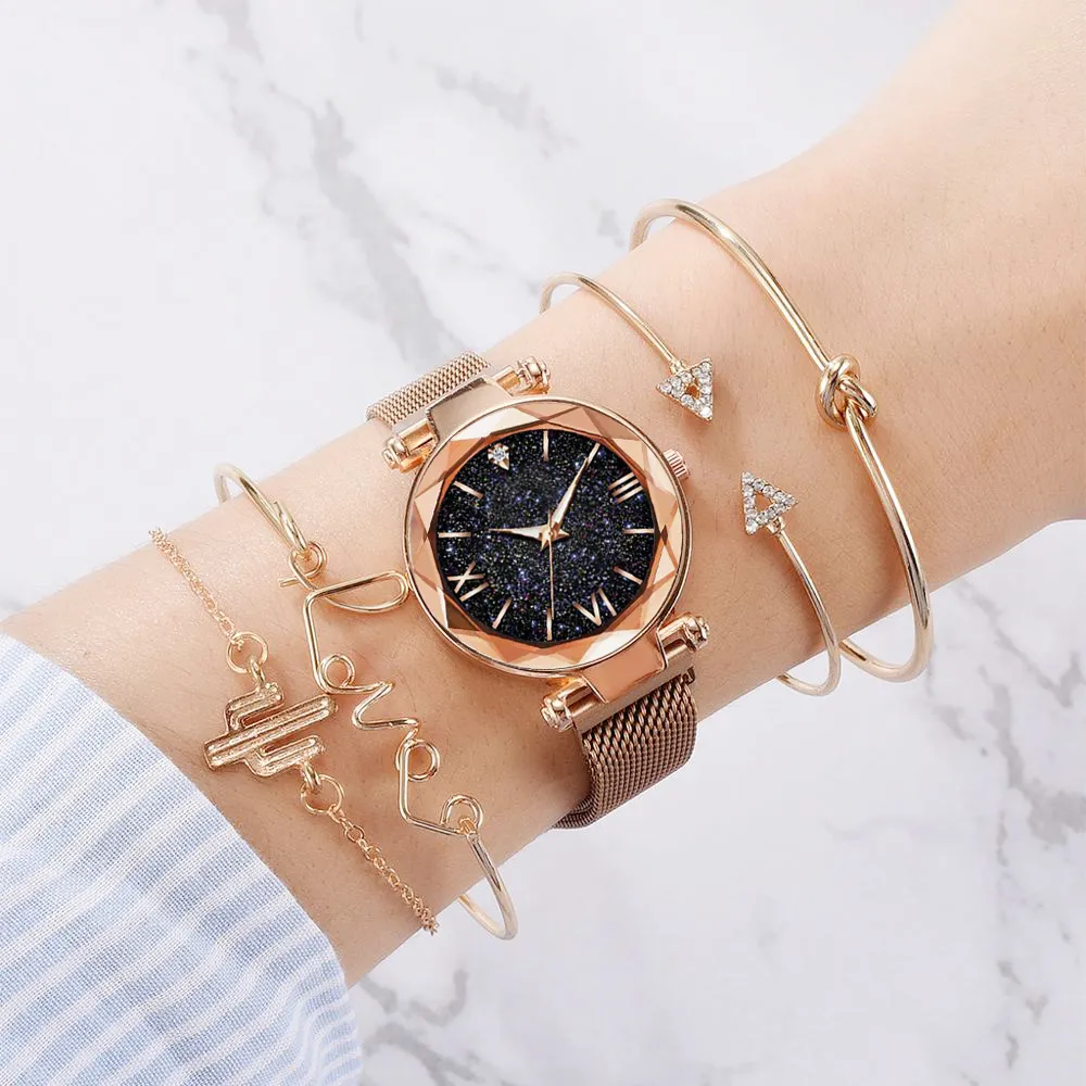 Bransoletka modowa zegarek kobietom 5 szt. Zestaw luksusowy Rose Gold Lady Watches Starry Sky Magnet Buint Watch dla kobiet 201204266V