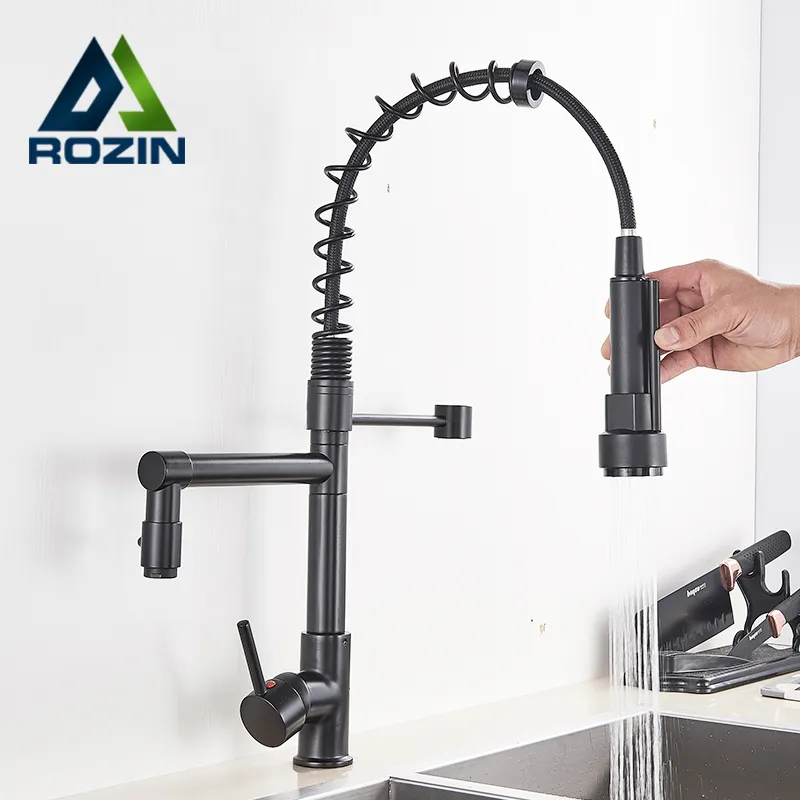 Rozin Schwarz Küchenarmaturen Pull Down Kitchen Sink Faucet Deckmontierter Dual-Schwenkauslauf Kitchen Crane Chrome Hot Cold Mixer Tap T200710