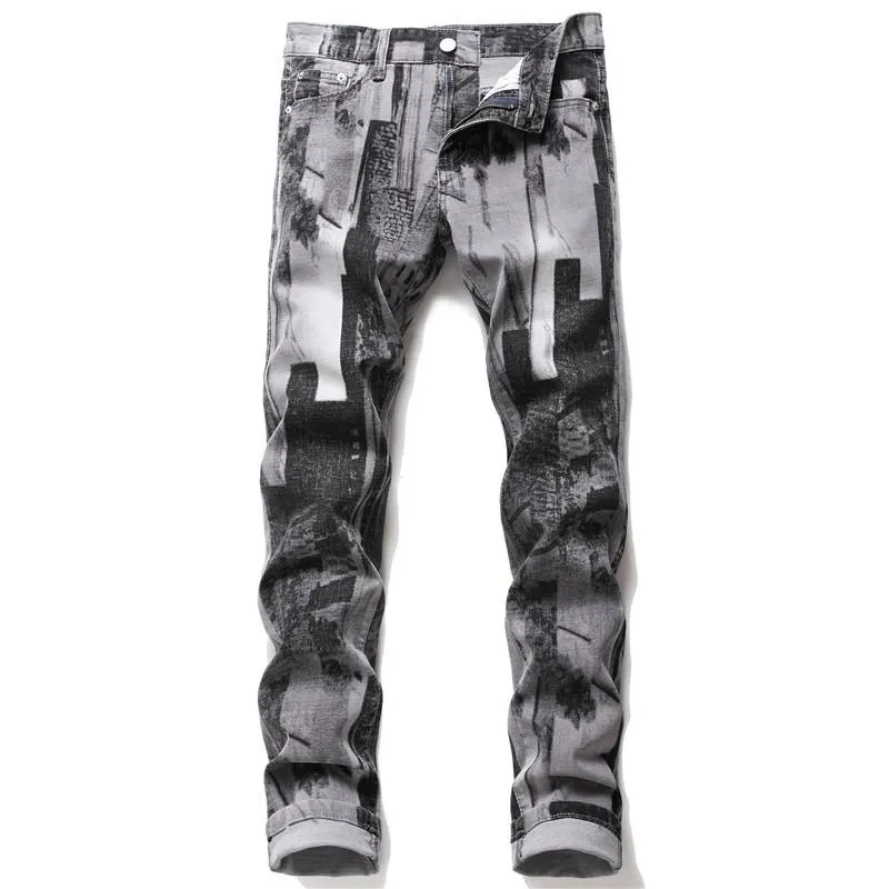 2021 mens moda abstrata arte trecho magro jeans retas adolescentes digitais 3d impresso calças de brim preto cinzento