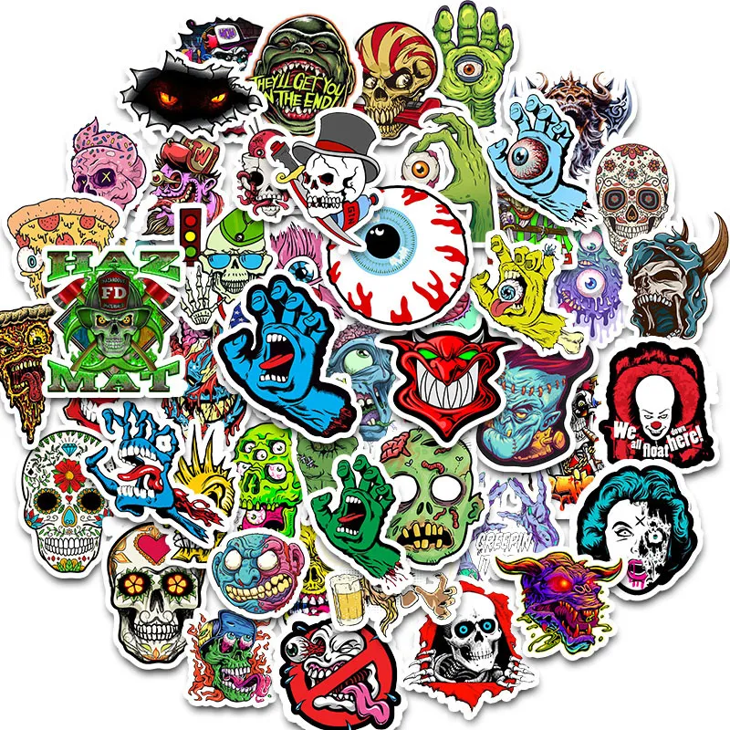 50pcs set Waterproof Laptop Skull Horrible Stickers Graffiti Patches Stickers Car Stickers and Decals Motorcycle Bicycle Luggage S294E
