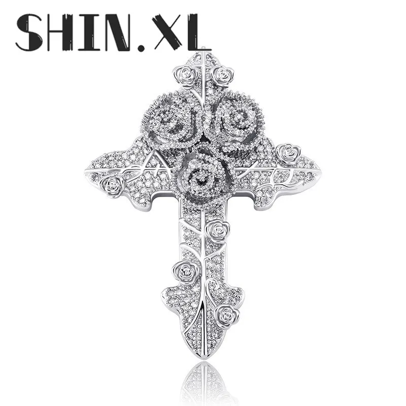 Hip Hop Iced Out Gold Plated Rose Cross Pendant Necklace Bling Bling Jewelry for Men and Women216j