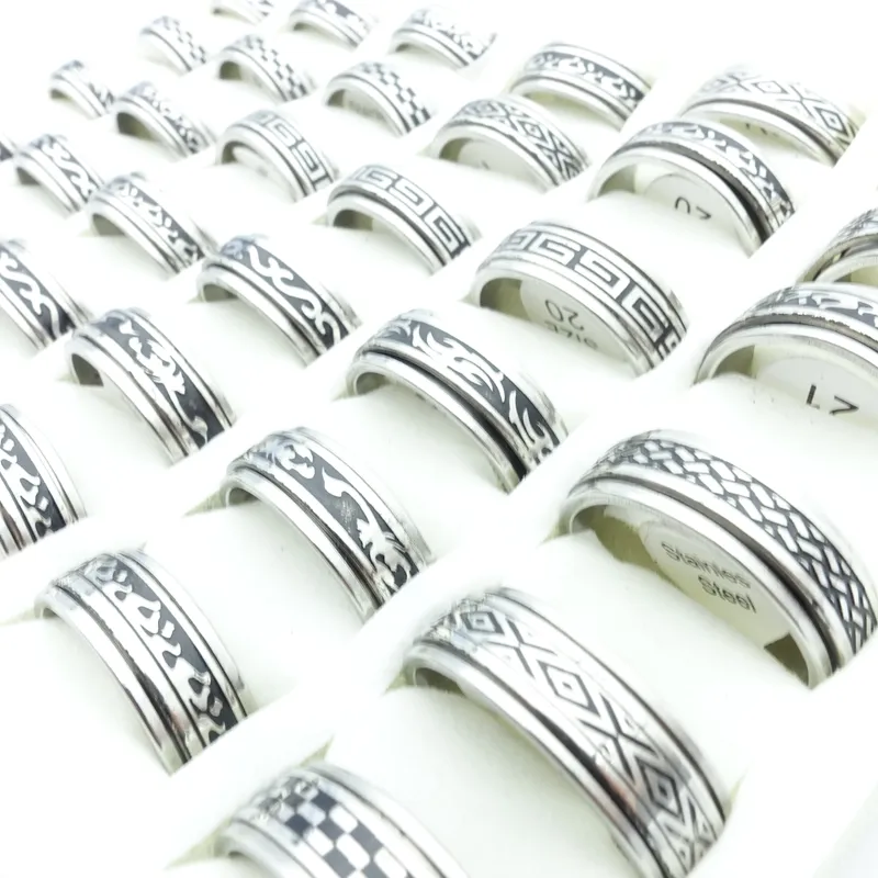 Großhandel 100 teile/los Mode Edelstahl Spin Band Ringe Schwarz Geätzte Gemischte Muster Schmuck Herren Damen Drehbare Party Ring Großhandel viele