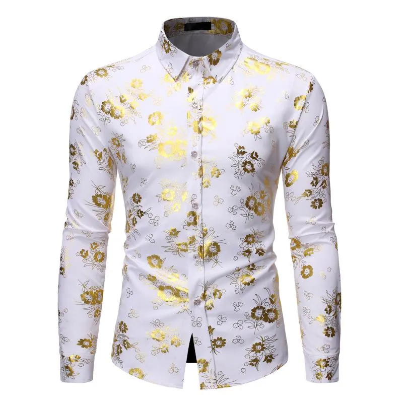 Shiny Floral Print Button Up Shirt Men 2021 Luxury Slim Fit Long Sleeve Dress Shirt Mens Party Wedding Prom Tuxedo Shirts Male299f