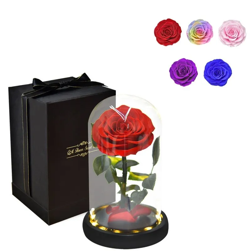 Forever Rose in Glass Dome on Wood Base with Warm Light Valentine's Day Anniversary Birthday Rose Gift
