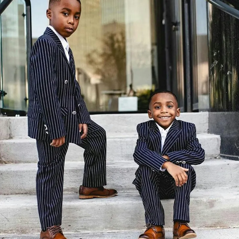 Pinstripe Boys Pants Suits 2 Pieces Set Tuxedos for Wedding Dinner Children Kids Jacket Blazer (jacket+pants)