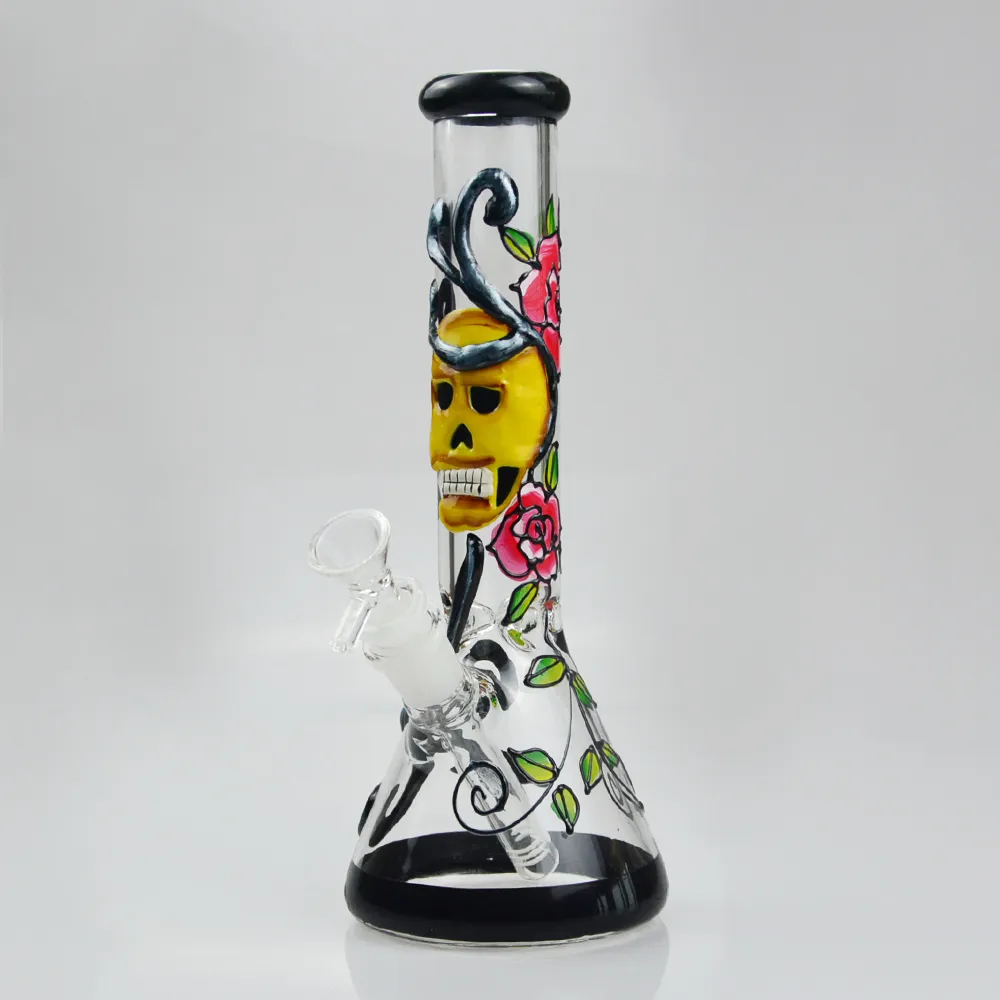 10 "Handpainted Kafatası Cam Bong Nargile Tütün Su Borusu 5mm Kalın Beher Bongs Sigara Geri Dönüşüm Yağı DAB Rigs Buz Catcher Bisbler Bowl