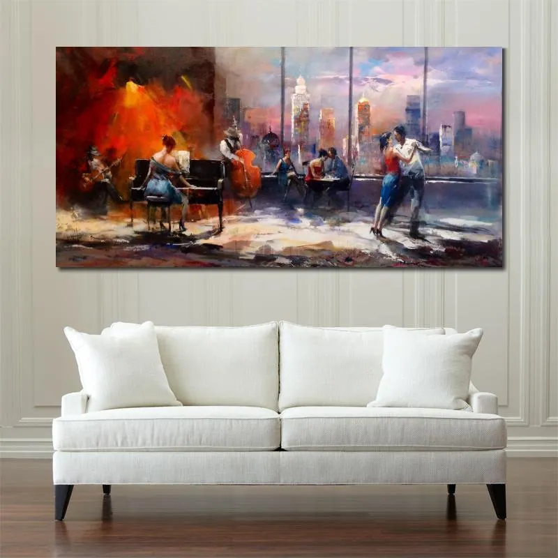 スカイラインモダンアートの景色を眺めながら音楽を演奏するウィレムハエンラエツによる手作りのシティスケープ油絵