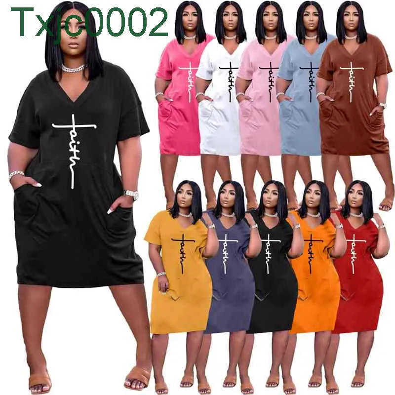 Kobiety Dress Designer 2022 Wiosna Lato Sexy V-Neck Krótki Rękaw List Drukowane Luźne Dorywczo Spódnica z kieszeni 10 kolorów