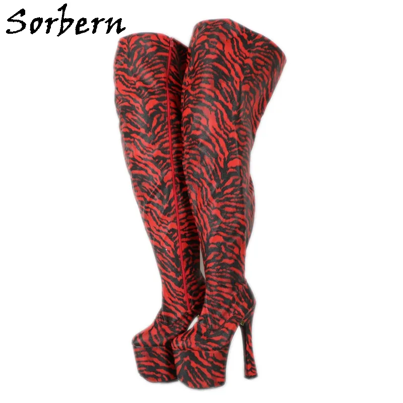 Sorbern Custom Wide Fit Coxa Botas 20cm Salto Alto Chunky Sapatos de Plataforma Longos Red Tiger Fetish Boots Drag Queen Boot Unissex