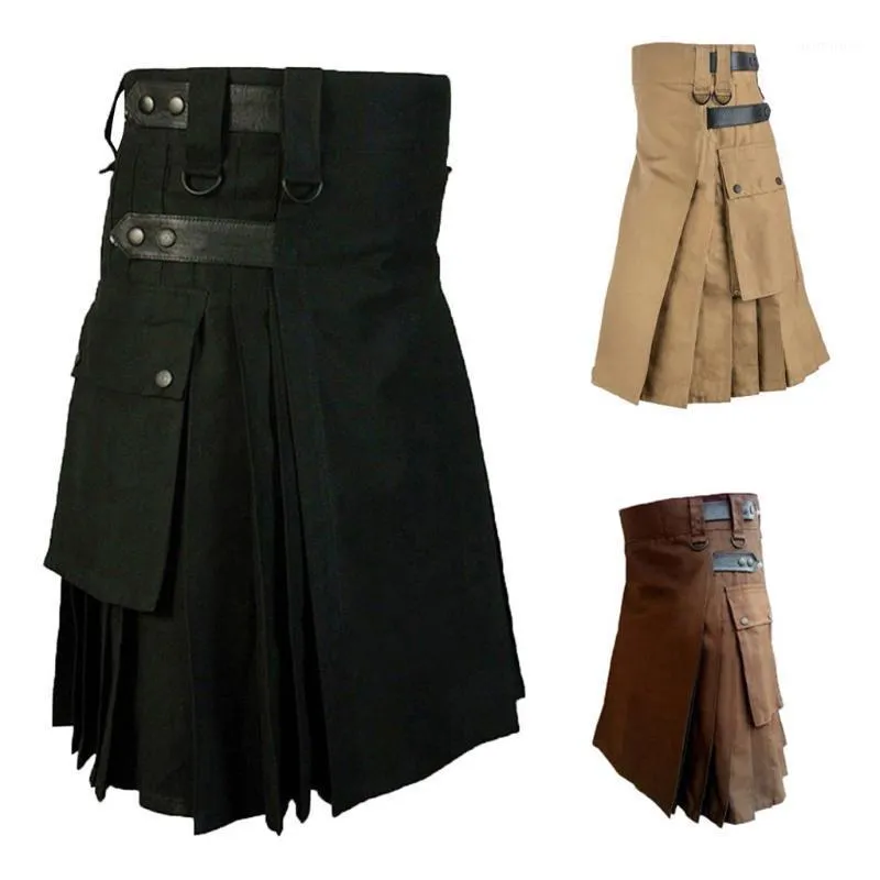 Herren Vintage Kilt Schottland Gothic Kendo Taschenröcke Anpassbare Hosen Schottische Kleidung Faltenrock Hosen Hosen Rock1162K