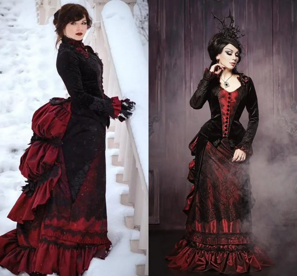 ビンテージゴシックブラックとダークレッドフォーマルイブニングドレス長袖フリルRuched Corset Prom Gowns Medieval Victorian Masquerade Specialct Dress