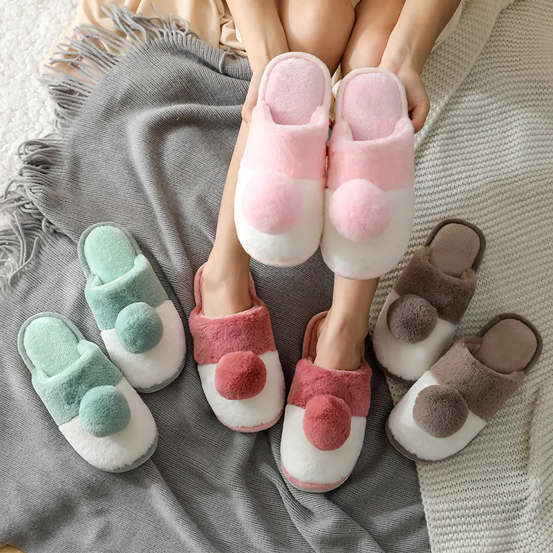 Women Winter Warm Home Slippers Couple ball decration Shoes Female Plush Slip On Soft Indoor Flats Comfort Ladies Man Plus Size Y1202