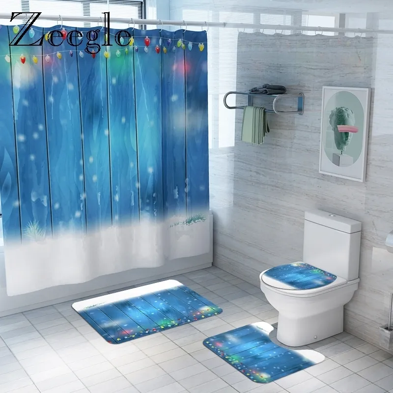 Zeegle New Year Mat Set Christmas Shower Curtain with Hooks Anti-slip Toilet Rug Carpet Polyester Pedestal Rug Lid Toilet Cover