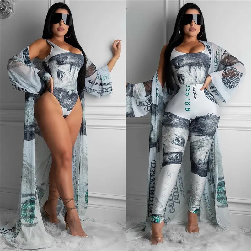 Sets for Women 3 Piece US Dollar Print Short Jumsuit Long Sleeve Coat Fashion Pants Beach Sexy Outfit Wholesale Dropshpping F1216
