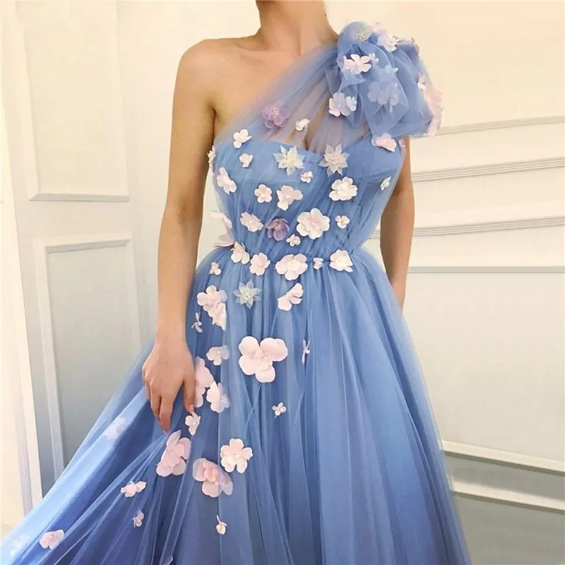 2021 A Line Blue Floral Prom Dress With Light Blue Flowers One