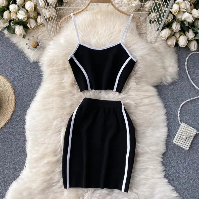 Vestidos de trabajo SexyClub Punto Conjunto de 2 piezas Mujeres Crop Top Funda Mini Faldas Conjuntos Chicas Chaleco corto Falda Trajes Trajes Sudor